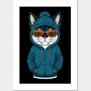 Cute Cartoon Cat in Jacket, Cap, and Sunglasses 3 Posters and Art